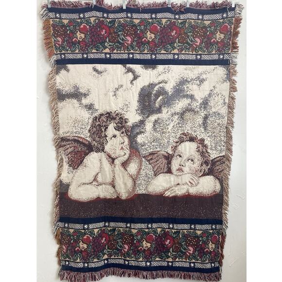 Vintage Cherub Thick Tapestry Throw Blanket Fringe Baby Angel American Weavers - Picture 1 of 9